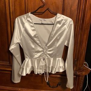 White Long Sleeve Tie Up Top